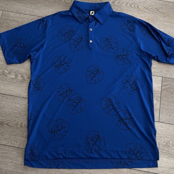 FootJoy Golf Polo Shirt Mens Large Blue Leaf Print All Over Print Stretch Preppy - Picture 2 of 8